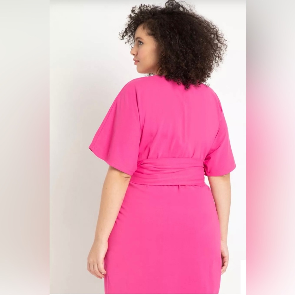 Eloquii Hot Pink Cross Front Flutter Sleeve Tie Belt Dress Size 18 - Picture 2 of 6
